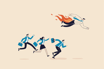 Competitive advantage to win business competition, innovation or creativity for winning strategy and success concept, smart businessman with rocket booster lead the way to win business competition.