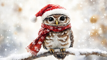 Watercolor painting of an adorable owl wearing a santa hat and scarf, perched on a branch, evoking a heartwarming christmas spirit