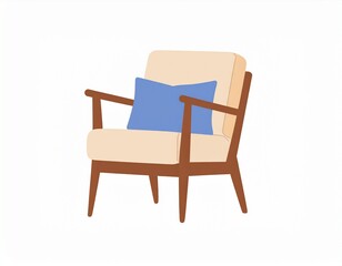 Fototapeta premium A mid-century modern armchair featuring a cream-colored seat and backrest with a blue pillow, set against a white background