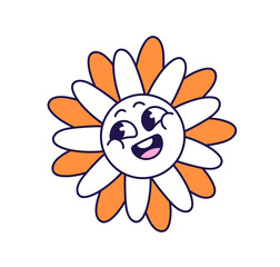 Happy wildflower in groovy style. Funky flower with excited facial expression, positive emotions. Retro daisy, bloom pant with smile on face. Flat isolated vector illustration on white background