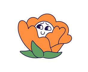 Cute and shy abstract flower in retro groovy style smiles. Funky wildflower with happy facial expression, good mood and positive emotions on face. Flat isolated vector illustration on white background