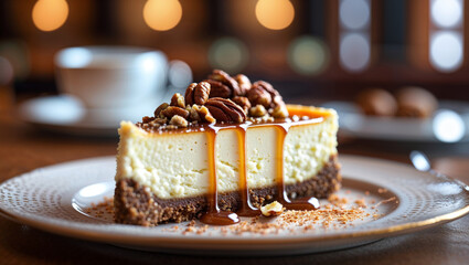 A delightful slice of pecan cheesecake drizzled with caramel, a perfect dessert to savor.