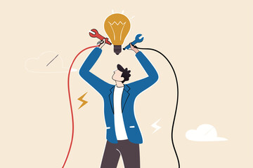 Jump start new business idea, knowledge to solve problem or creativity to think about solution concept, businessman connect electricity to lightbulb idea to lit up bright metaphor of solution idea.
