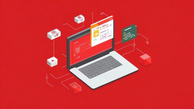 Laptop with Connected Tech Icons on Red Background