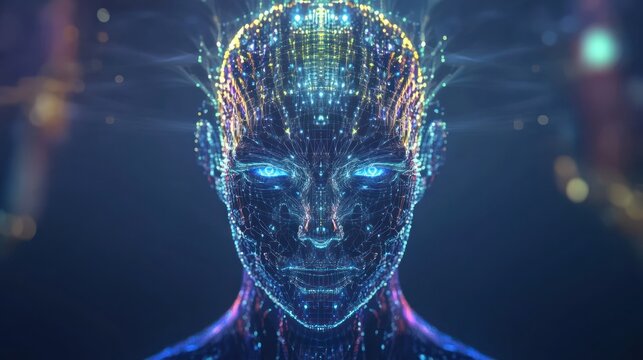 Digital human face network glowing lines and points abstract portrait