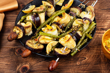 BBQ Fish and Vegetable Kabobs.