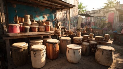 Vibrant collection of handcrafted drums in a street market