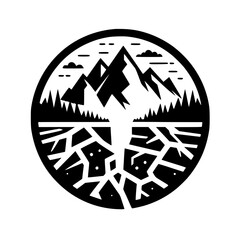 Mountain & Tree Roots: Abstract Black & White Icon in a Circle