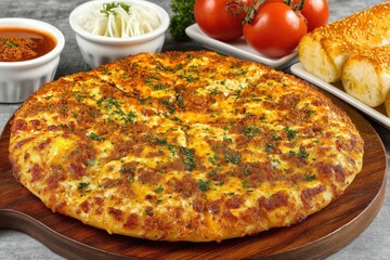Delicious golden cheese pizza topped with herbs served with fresh tomatoes and savory dipping sauce on a rustic wooden board emphasizing gourmet culinary delights