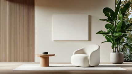 Minimalist interior featuring a white chair and modern decor with greenery.