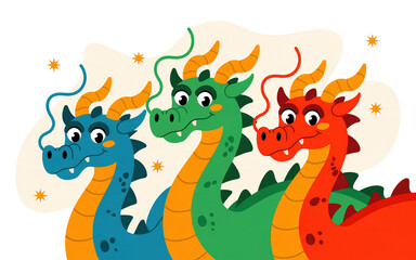 Obraz premium Cartoon shows three friendly stylized dragons in blue, green, and red on transparent background
