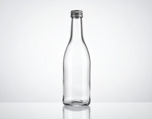 A clear, empty glass bottle stands tall against a light gray background, silver cap and elegant shape