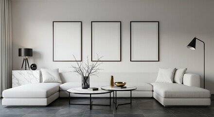 Elegant minimalistic living room scene with blank frames and sleek furniture