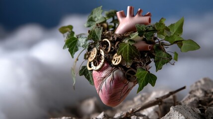 Artistic Hybrid of Human Heart, Nature Elements, and Mechanical Gears in Surreal Composition