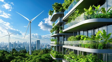 Modern sustainable building with lush greenery and wind turbines in the background.