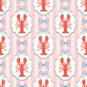 Seamless pattern with hand drawn lobster in ribbon frame with bow. Mediterranean elegant background. Marine vintage wallpaper with seafood, crawfish. Summer coastal ocean print. Vector illustration.