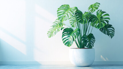 Obraz premium Lush monstera plant with glossy leaves in sleek modern planter minimalist white background emphasis on organic shapes and textures indoor plant aesthetic