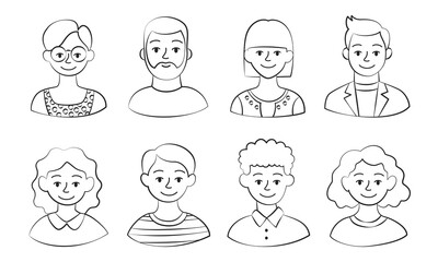 Line Art People Avatars. Hand Drawn Minimalist Portrait Icons Set