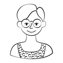 Line art portrait of a woman with short hair and glasses. Minimalistic contour illustration