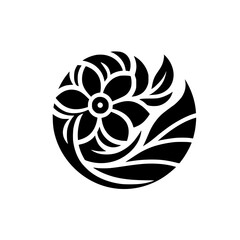 Minimalist Floral Design: Black Flower & Leaves in a Circle