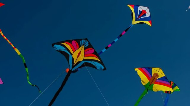 Several colorful kites flying against blue sky. Brightly decorated kites soar on a windy day. Outdoor recreational activity and freedom concept.
