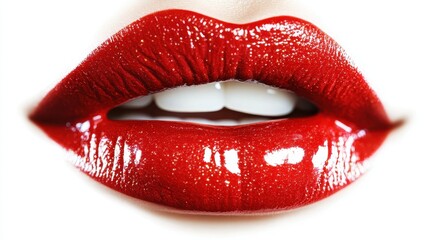 Obraz premium 3D Lips. Red Lipstick Kiss Gesture in Glossy Finish, Female Mouth Make-up Concept