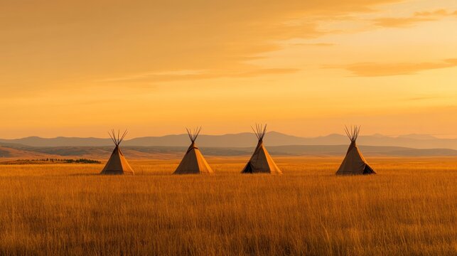 Golden sunset teepees on grassy plains serene nature landscape