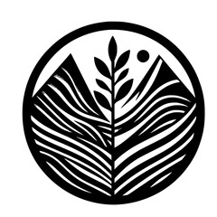 Minimalist Nature Logo: Mountains, Tree, & Sun, Black & White