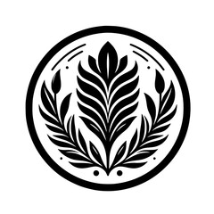 Elegant Floral Crest Design: Black & White Botanical Motif in a Circle