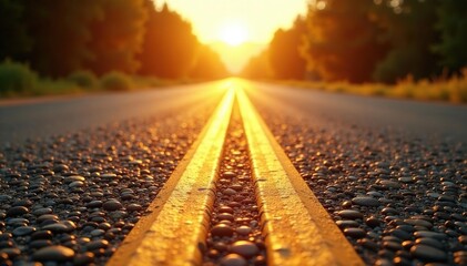Glaring sun on textured asphalt road, yellow line fades to horizon, depth, horizon