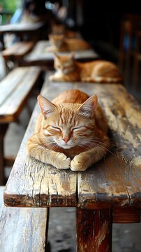 Three orange cats napping on weathered wooden picnic tables