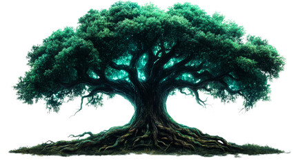 Magical glowing tree with gnarled roots and lush canopy, cut out transparent