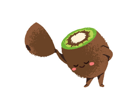 Funny kiwi character bows and takes off its hat. Happy tropical fruit welcomes, says hello with gesture. Cute gentleman is greeting. Flat isolated drawing vector illustration on white background