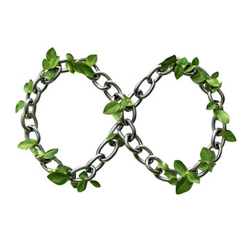 Bicycle Chain in Infinity Shape with Leaves &ndash; Endless Eco Journey Concept, Infinity Symbol Made from Bicycle Chain and Leaves &ndash; Green Cycli