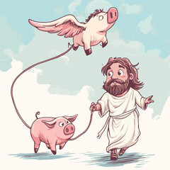 Cartoon Man Walking Two Pigs One Flying With Wings Funny Concept