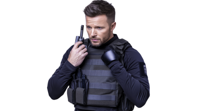 Serious man in tactical vest holding handgun, cut out transparent