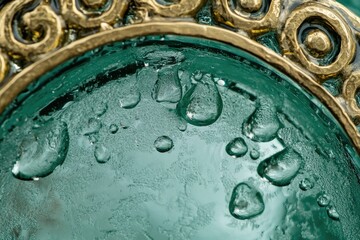 Teal glass bowl with water droplets and gold trim