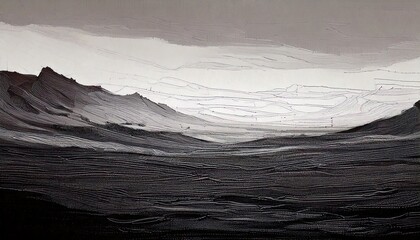 Peinture abstraite en noir et blanc d’un paysage montagneux texturé – huile au couteau sur toile, idéale pour affiches, impressions murales, décors ou design graphique
