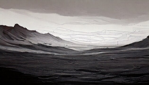 Peinture abstraite en noir et blanc d&rsquo;un paysage montagneux textur&eacute; &ndash; huile au couteau sur toile, id&eacute;ale pour affiches, impressions murales, d&eacute;cors ou design graphique