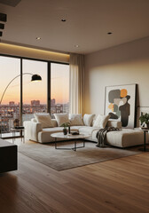 Fototapeta premium A modern living room showcases a comfortable sofa, art and city views during the sunset.