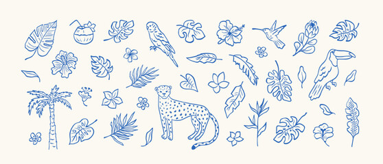 Set of tropical leaves, flowers and wild animal, birds in sketch style. Hand drawn palm, leopard, banana leaf, hibiscus, parrot, exotic plants, plumeria. Minimalist line sketch. Vector illustration.