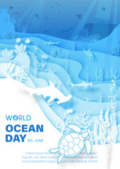 Poster campaign of world ocean day with scene of under the sea and ocean in layers paper cut style and vector design.