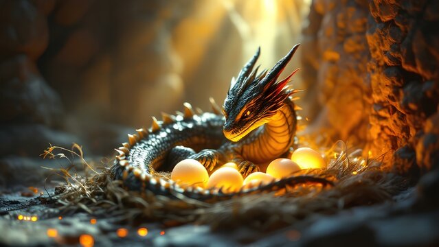A majestic dragon coils protectively around a clutch of glowing eggs in a serene cave. Soft light illuminates the rocky surroundings, creating an enchanting atmosphere.
