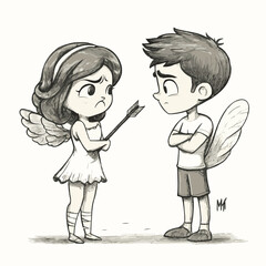 Unhappy Cupid With Arrow Facing Skeptical Boy Cartoon Style Illustration