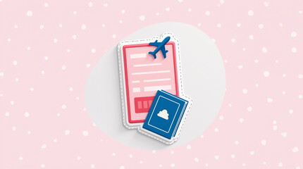 Cute sticker-style vector illustration of airplane documents with pink and blue accents against a polka-dotted background.