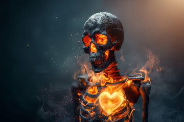 Sad Skeleton with Burning Heart on Dark Background. Concept of Emotional Pain and Passion. Generative AI