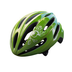 Fototapeta premium Cyclist helmet with eco-leaf badge and world logo, Cycling Helmet with Eco-Leaf Badge and World Logo – Sustainable Ride Gear, Eco-Friendly Bicycle Helmet Featuring Leaf Badge and Global Logo – G