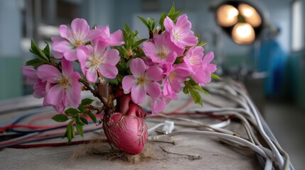 Artificial Heart with Pink Flowering Tree Branch Growing from It on Laboratory Table