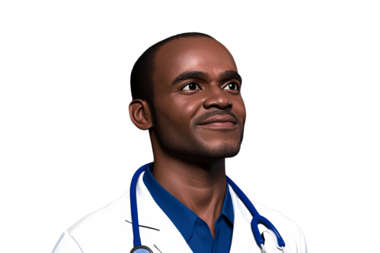 African physician with stethoscope looking up, cut out transparent - Powered by Adobe