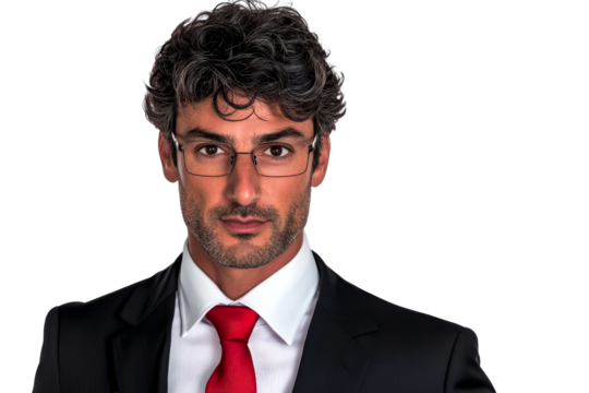Serious Hispanic business man with glasses, red tie, cut out transparent